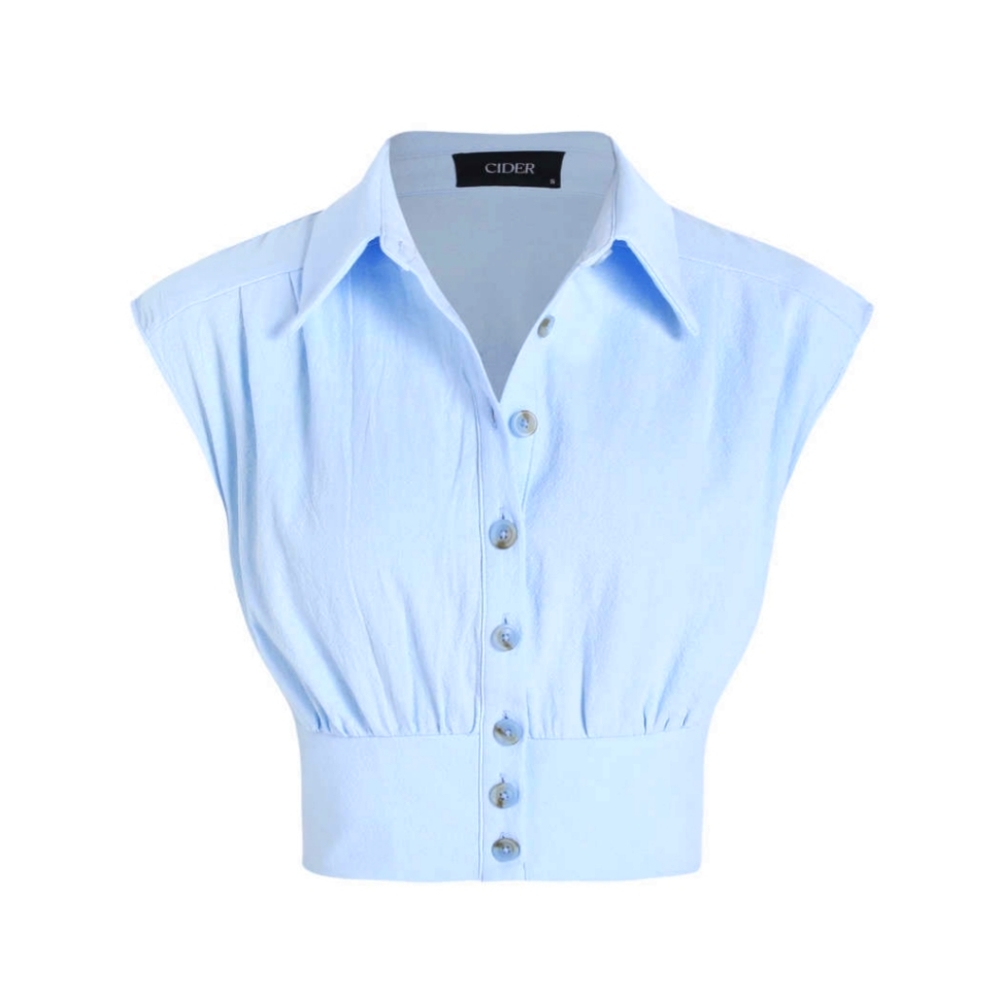 Cider Shirred Collar Button Up Top